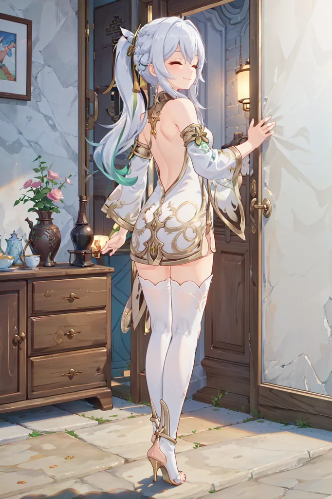 The image is of a young woman with long white and green hair. She is wearing a white dress with a low back and a high slit. She is also wearing white stockings and gold high heels. She has a gentle smile on her face and is standing in front of a door. There is a vase of pink flowers on the table behind her.