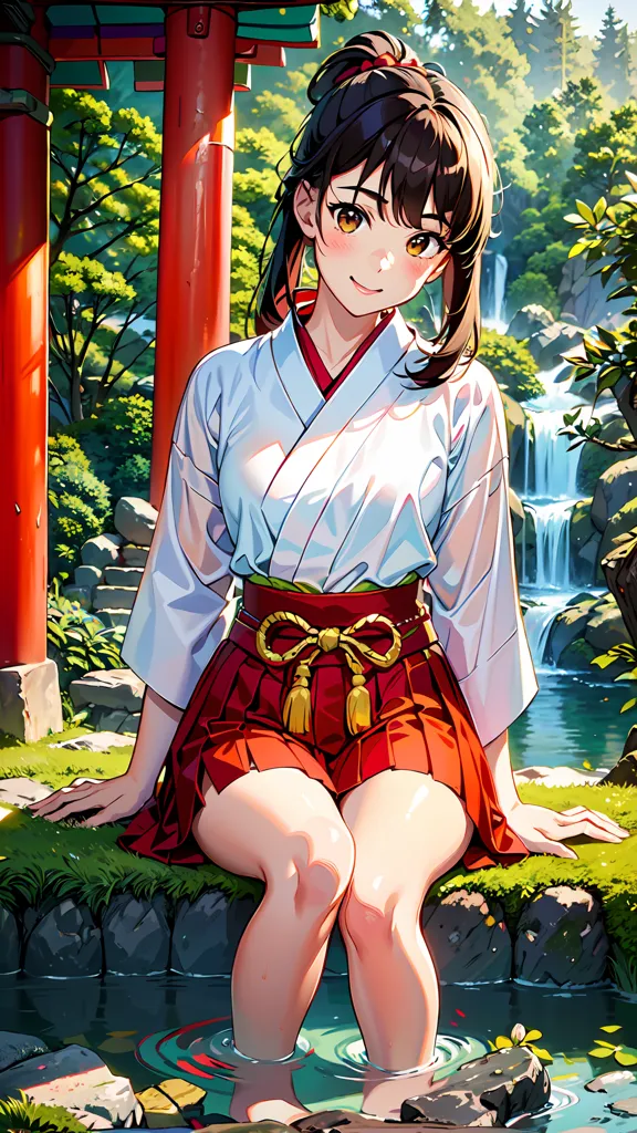 La imagen es una pintura de una mujer joven con un kimono. Está sentada sobre una roca en un río, con los pies en el agua. La mujer tiene el cabello largo y castaño, y ojos marrones. Lleva un kimono blanco con un cinturón rojo. El kimono está decorado con un patrón de flores de cerezo. La mujer está sonriendo y mirando al espectador. Al fondo se ve una cascada.