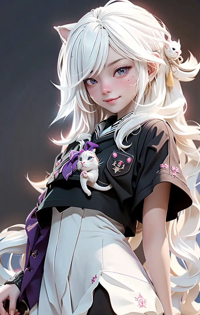 The image is a painting of a young woman with cat ears. She has long white hair and purple eyes. She is wearing a black and white sailor-style outfit with a purple bow. She has a small white cat in her arms. The background is a dark blue color. The painting is done in a realistic style and the woman is depicted in a semi-realistic style.