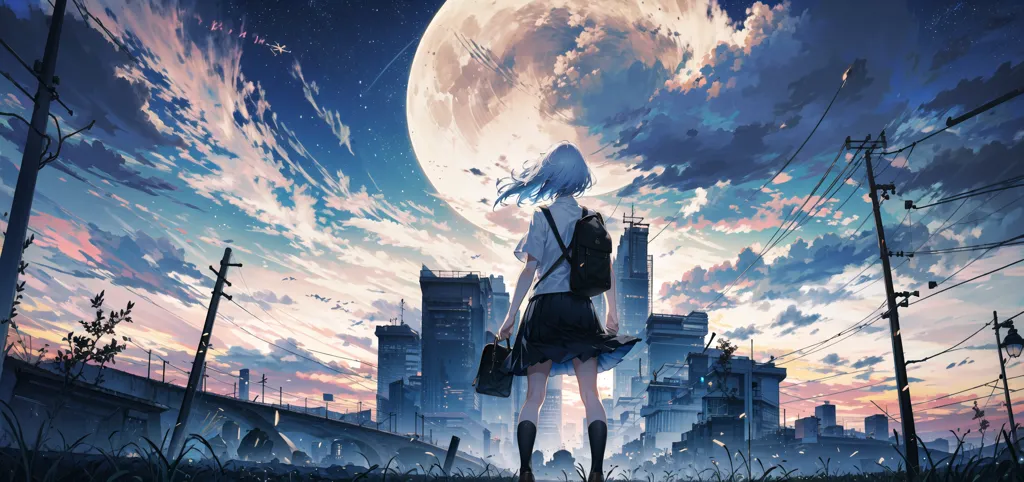 The image is a beautiful anime-style landscape. The sky is a deep blue color, and there is a large moon in the center. The clouds are a light blue color, and they are scattered across the sky. There is a city in the background, and it is lit up by the moonlight. There is a girl standing in the foreground, and she is looking out at the city. She has a backpack on her back, and she is wearing a skirt. Her hair is a light blue color, and it is blowing in the wind. The image is very peaceful and serene, and it captures the beauty of the night sky.