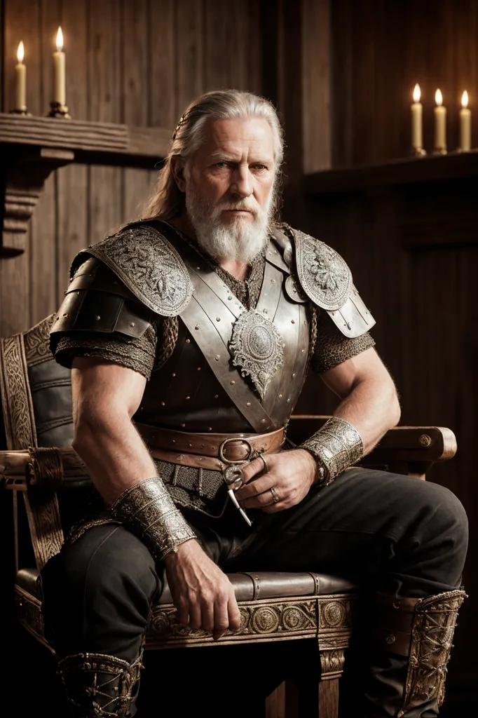 This image shows a man with long white hair and a beard, wearing a silver and brown armor with fur on the shoulders. He is sitting on a wooden chair with his hands resting on the armrest. There are candles burning in the background.