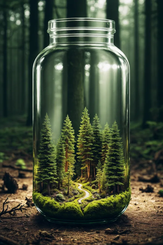 The image is a photo of a glass jar with a forest inside. The jar is sitting on the ground in a forest. The forest inside the jar is made up of several different types of trees, including pine trees, fir trees, and spruce trees. The trees are all different heights and the tallest one reaches almost to the top of the jar. The ground in the forest is covered in moss and there is a small path that runs through the middle of the forest. The path is made of dirt and is surrounded by trees. The forest inside the jar is very detailed and it looks like a real forest. The image is very beautiful and it is a great example of how nature can be captured in a small space.