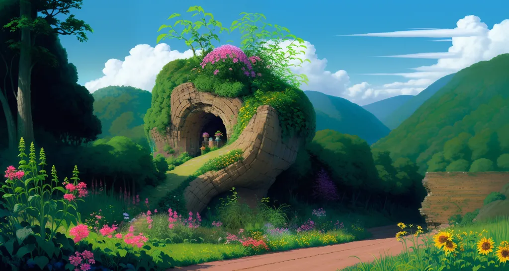 This image shows a stone archway covered in plants and flowers. The archway is located in a lush green field with a small road leading up to it. In the background, there are tall mountains covered in greenery. The sky is blue and there are some white clouds. The image has a very painterly look and it is reminiscent of the Studio Ghibli films.