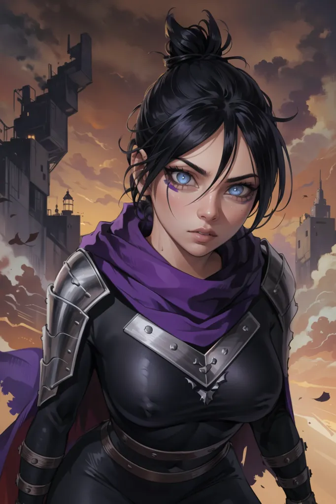 The image is a portrait of a young woman with short black hair and blue eyes. She is wearing a black and purple bodysuit with a purple scarf around her neck. She has a determined expression on her face and is looking at the viewer with her left eye. The background is a cityscape with tall buildings and a stormy sky.