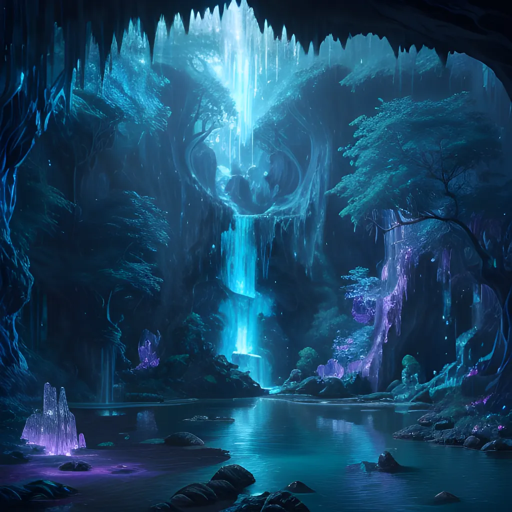 The image is a beautiful landscape of a cave with a waterfall. The cave is dark and mysterious, but the waterfall is bright and inviting. The water is a crystal clear blue, and it looks very refreshing. The cave walls are covered in stalactites and stalagmites, and the floor is covered in moss and ferns. There are several large trees growing in the cave, and they are all covered in leaves. The leaves are a deep green, and they look very healthy. There are also several flowers growing in the cave, and they are all very colorful. The flowers add a nice touch of beauty to the cave. There is a large rock in the middle of the cave, and there is a small waterfall coming down from the rock. The waterfall is very peaceful, and it adds a nice touch of tranquility to the cave.