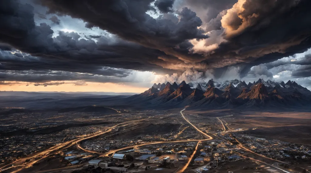 La imagen es de una ciudad en un valle rodeada de montañas. El cielo está oscuro y nublado, y se acerca una tormenta. La ciudad está iluminada por las luces de los edificios y los coches de las carreteras. La imagen es muy detallada, y se pueden ver los edificios y los coches individuales de la ciudad. Las nubes de tormenta también son muy detalladas, y se puede ver el relámpago y la lluvia. La imagen es muy realista, y parece que realmente estás allí.