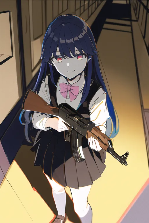 The image depicts an anime-style school girl with long blue hair and red eyes. She is wearing a white blouse, black vest, and black skirt. She is holding an AK-47 rifle. The girl is standing in a dark hallway, with the light from the hallway light reflecting off her hair.