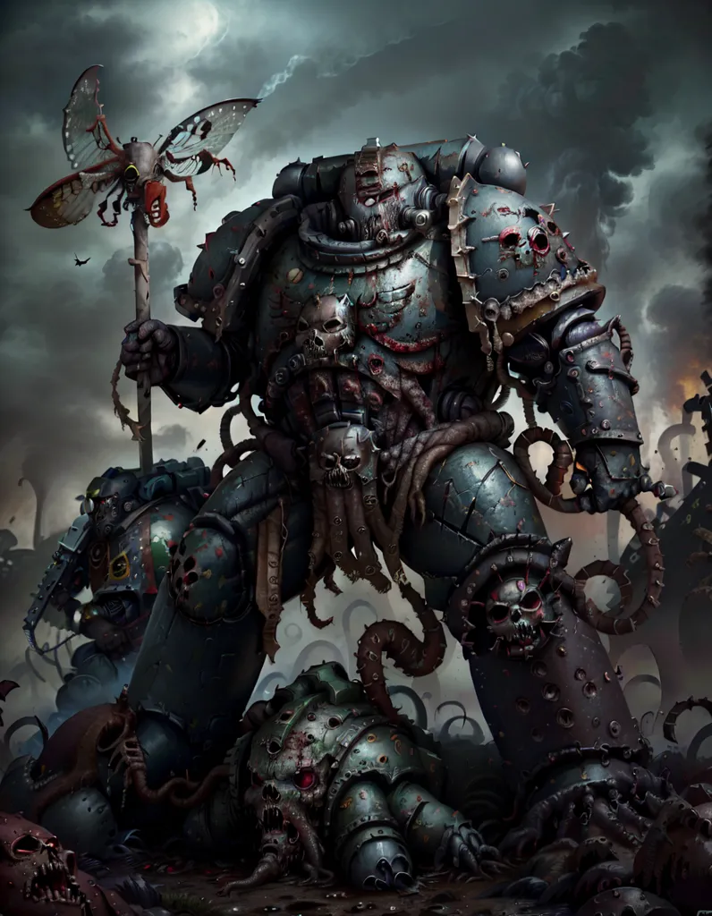 The image is a dark and gloomy depiction of a plague marine from the Warhammer 40k universe. The plague marine is standing in a field of dead bodies, holding a staff with a moth-like creature perched on top. The marine's armor is covered in gore and intestines, and his face is a skull-like visage with glowing green eyes. The image is full of detail, from the intricate carvings on the marine's armor to the tiny details of the moth-like creature's wings.