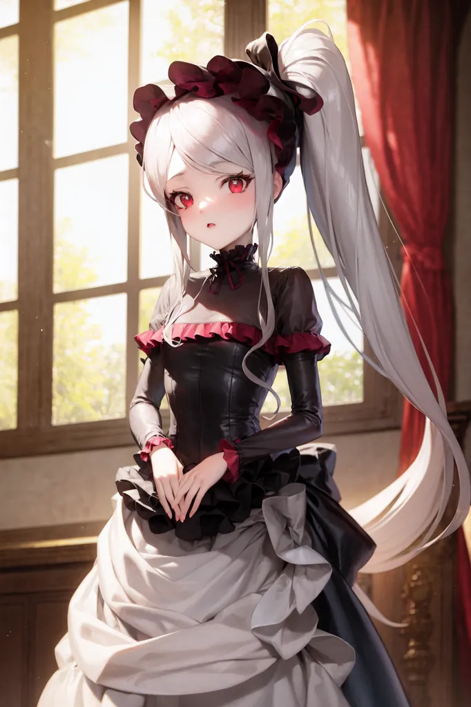 The image is a painting of a young girl with long white hair and red eyes. She is wearing a black and white dress with a red ribbon in her hair. She is standing in front of a window with a red curtain. The window is letting in light. The girl is looking at the viewer with a shy expression on her face.