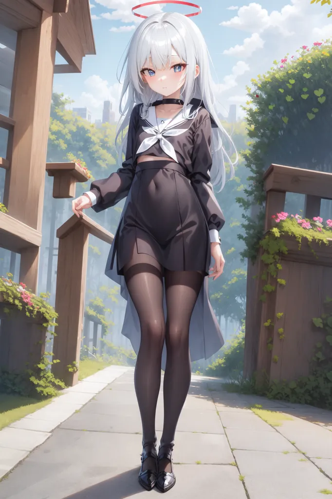 The image is an anime-style drawing of a young woman with long white hair and blue eyes. She is wearing a black sailor-style outfit with a white collar and a black bow. She is also wearing black stockings and black shoes. She has a halo above her head and there are some small flowers and plants in the background.