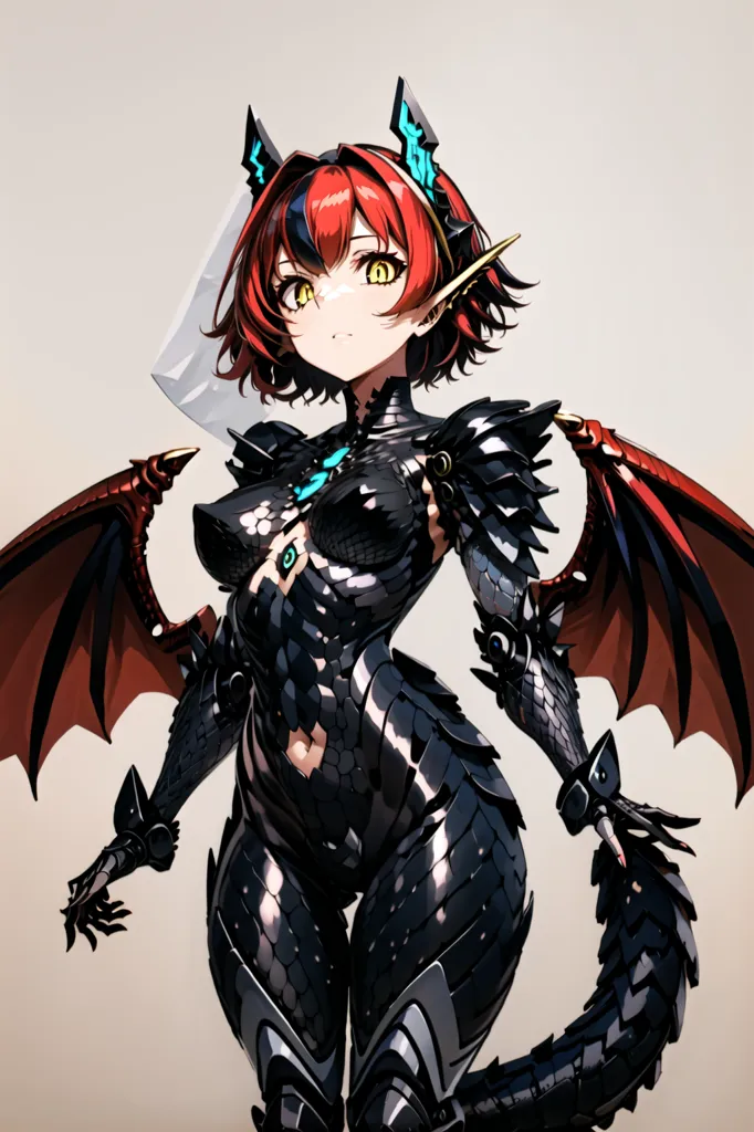 La imagen es de una chica de anime pelirroja con alas de dragón. Lleva un body negro y rojo con placas similares a una armadura. Sus alas están extendidas y tiene una expresión decidida en su rostro.