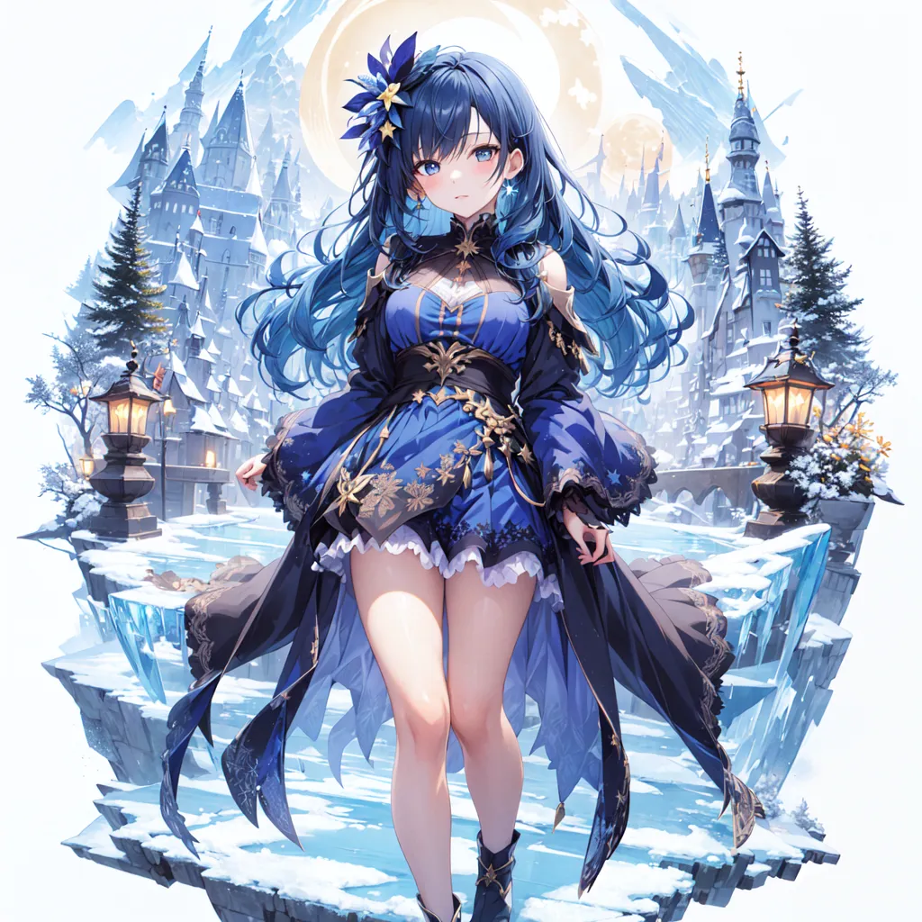 The image is a painting of a young woman with long blue hair in a blue dress with white and gold trim. There is a large white flower in her hair. She is standing on a frozen lake surrounded by snow-covered mountains. There is a castle in the background. The image is in a realistic style and the colors are vibrant.