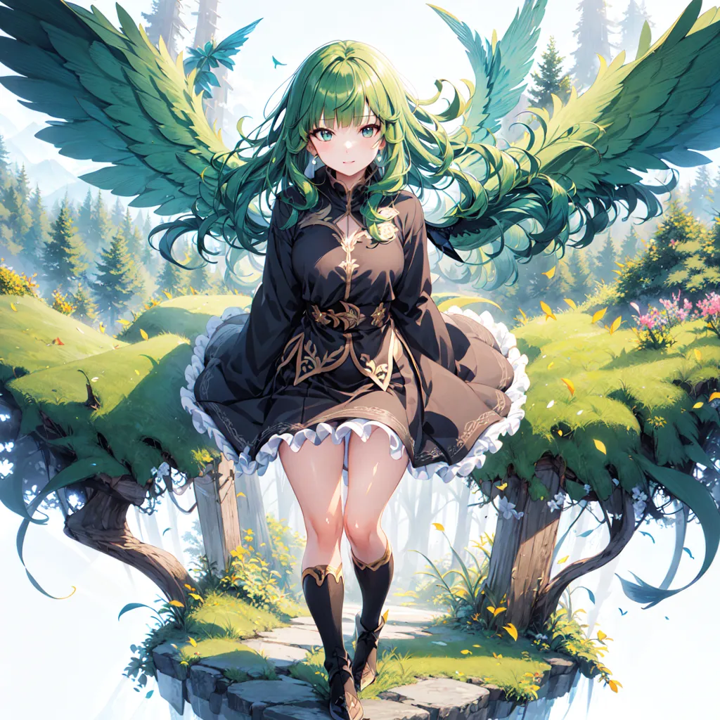 The image is of an anime-style girl with long, green hair and green wings. She is wearing a black dress with a white collar and a green skirt. She is also wearing brown boots. The girl is standing in a forest, and there are trees and flowers all around her. There is a blue bird on her right shoulder. The girl has a smile on her face, and she looks happy and carefree.