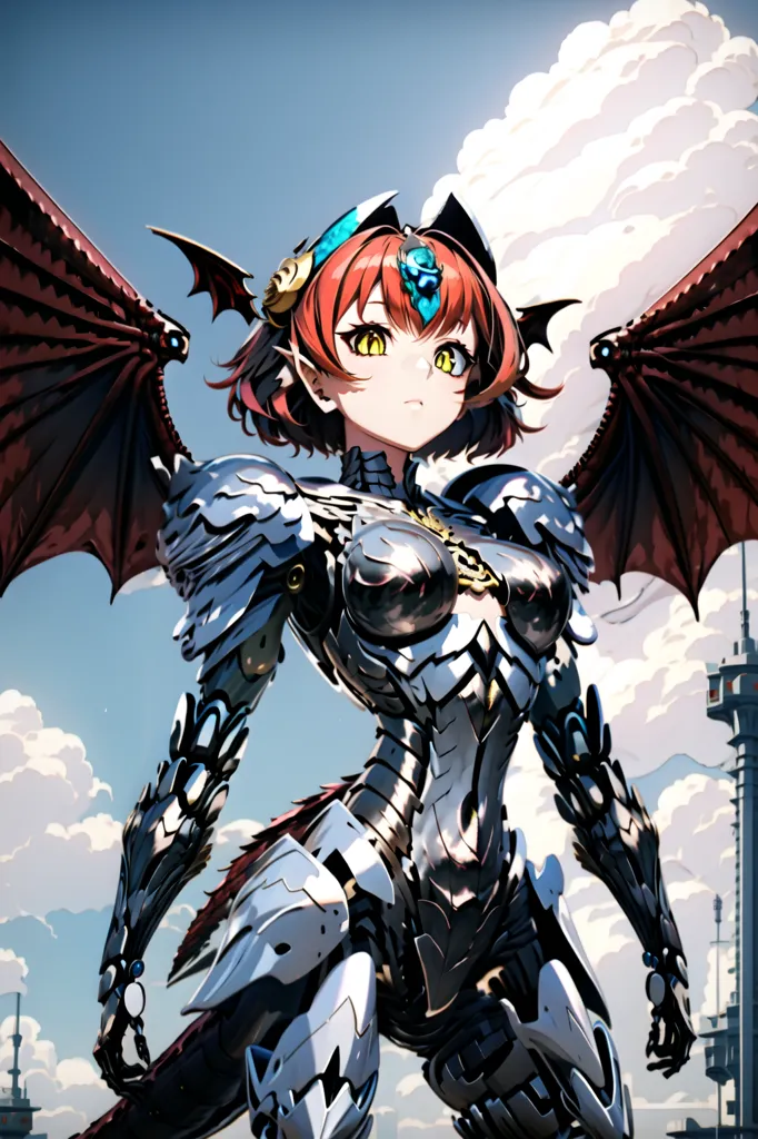 This image shows a female character with red hair and yellow eyes. She is wearing a metal armor with a red and blue gem on her forehead. She has dragon wings and a tail. She is standing in a city with a futuristic background.