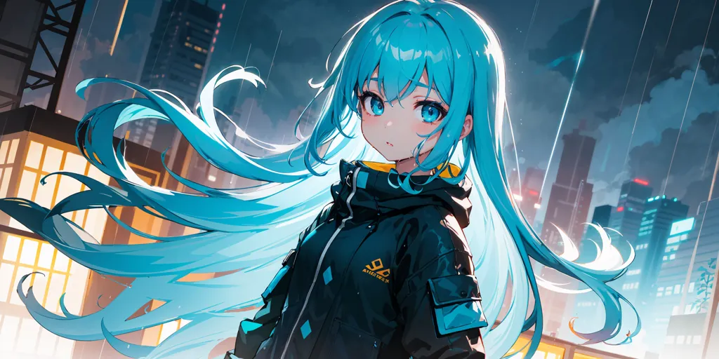 The image is of an anime-style girl with long, blue hair standing in a rainy city. She is wearing a black jacket with yellow and white accents and has a small, yellow bag hanging from her shoulder. The girl is looking at the viewer with a slightly sad expression on her face. The background of the image is a blurred cityscape with tall buildings and bright lights.