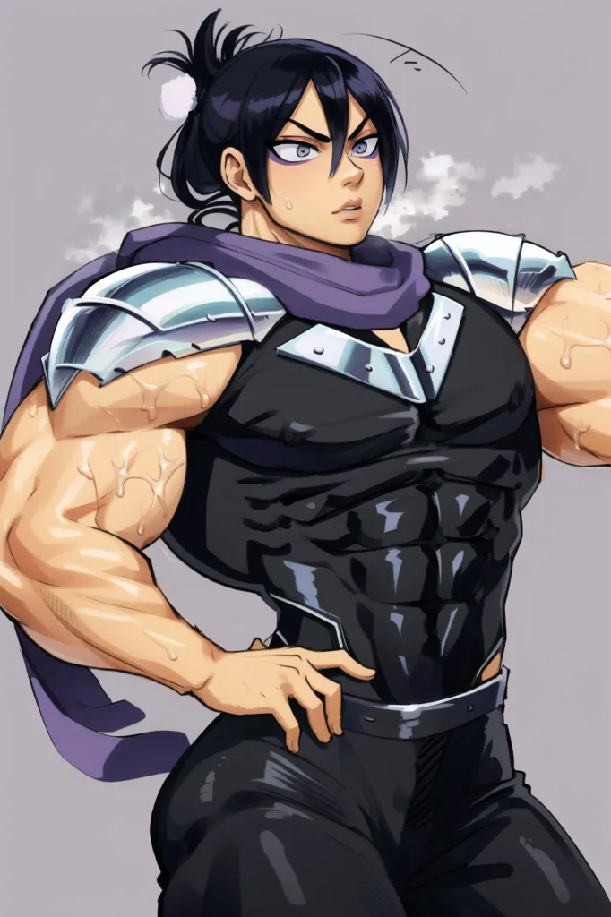 The image is of a muscular man with black hair and purple eyes. He is wearing a black vest with silver shoulder pads and a purple scarf. He has a confident expression on his face and is standing with his hands on his hips. His muscles are bulging and his veins are visible.