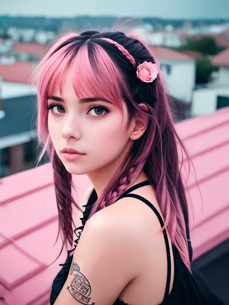 The image shows a young woman with pink and black hair. She is wearing a black tank top and has a pink flower in her hair. She is standing on a rooftop and looking at the camera with a serious expression. She has a tattoo on her right arm.