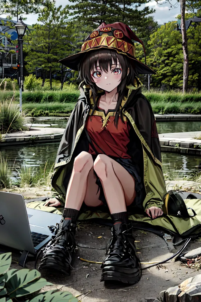 The image shows a young woman sitting on a stone slab near a river. She has long brown hair, red eyes, and is wearing a red shirt, black skirt, and brown boots. She is also wearing a black hat with a red band around it. She is sitting with her laptop on the ground, and there is a backpack and a mouse next to her. In the background, there are some trees and buildings.