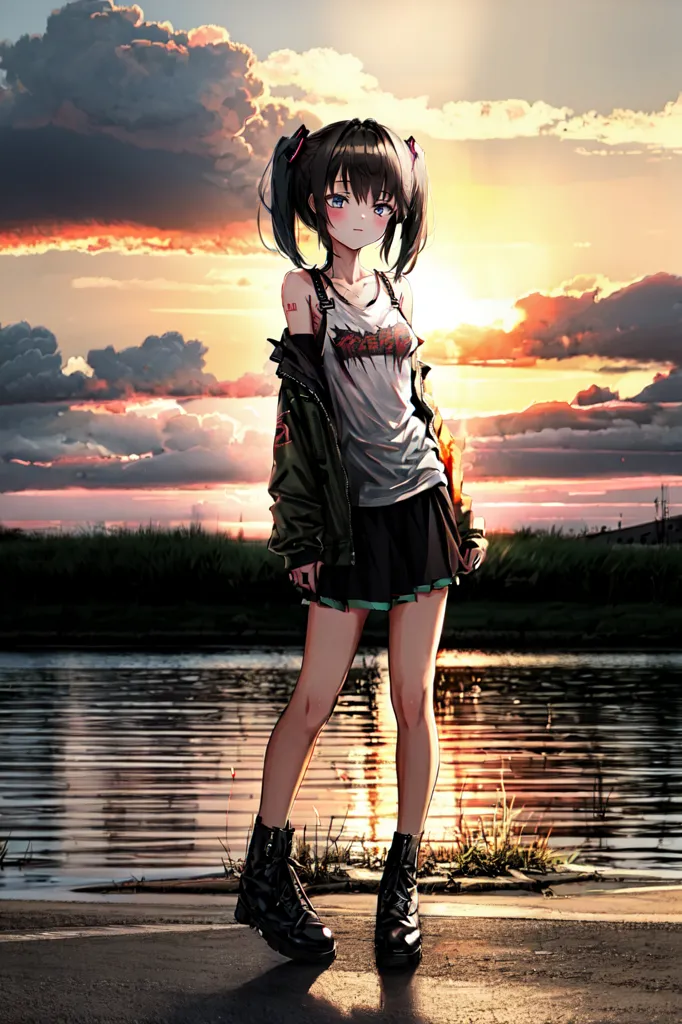 The image is of an anime girl standing on a pier with the sun setting in the background. She is wearing a white shirt, black skirt, and green jacket. She has black boots and her hair is in twintails. She has a tattoo on her right arm. The sun is setting behind her and the sky is a gradient of orange and yellow. The water in the foreground is reflecting the sky and the girl is standing on a wooden pier.