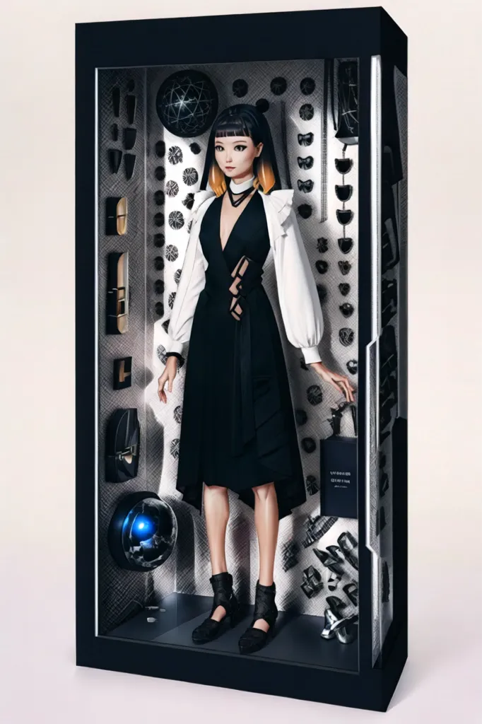 The image is a 3D rendering of a doll in a box. The doll is wearing a black dress with a white collar and has long black hair. The box is decorated with various objects, including a globe, a handbag, and several small objects. The background is a light gray color.