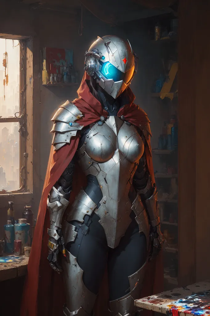 This is an image of a female warrior. She is wearing a silver-colored armor with a red cape. The armor has blue lights on the helmet and chest. She is standing in a room with a window and a table with paint on it.