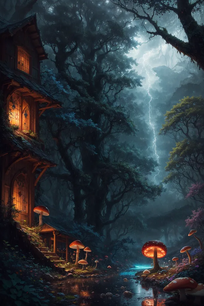 The image is a digital painting of a forest at night. The trees are tall and the branches are thick, creating a dense canopy that blocks out most of the light. The ground is covered in a thick layer of leaves and moss.  There is a house built into the side of a tree. The house is made of wood and has a thatched roof. There is a light coming from the windows of the house.  There are several large mushrooms growing in front of the house. The mushrooms are red and white. There is a small stream running in front of the house. The stream is lit up by the light from the house.  There is a storm in the background. The lightning is flashing and the thunder is rumbling. The rain is pouring down. The image is full of mystery and wonder. It is a beautiful and enchanting scene.