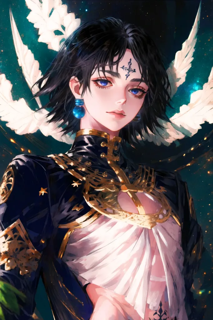 This is an image of a young man with short black hair and blue eyes. He is wearing a black and gold outfit with a white cravat. He has a cross-shaped mark on his forehead and is surrounded by white and green feathers. He looks like he is from an anime and is possibly a member of the Zoldyck Family from the anime Hunter x Hunter.