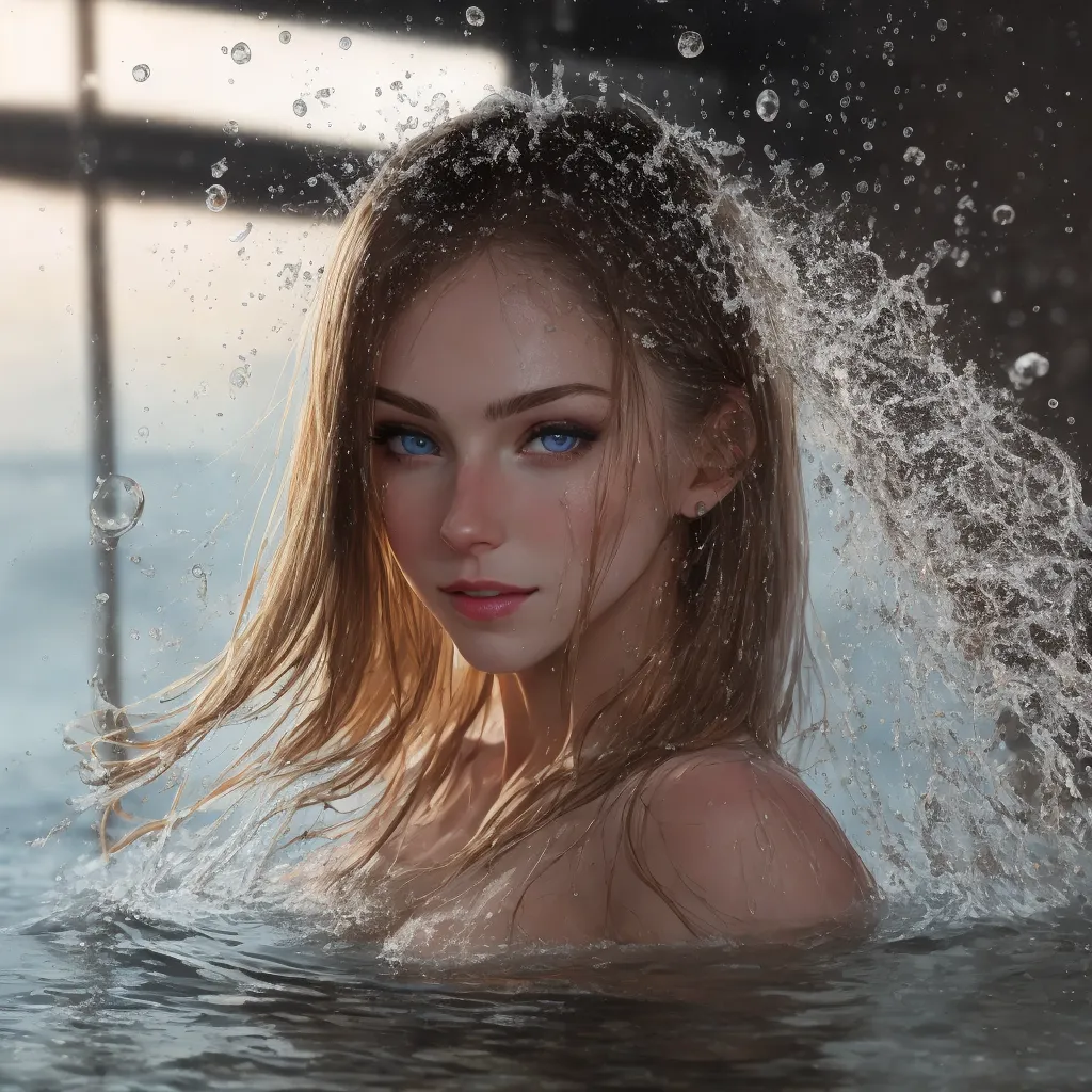 La imagen es una pintura digital de una mujer joven con el cabello rubio largo y ojos azules. Ella está de pie en un estanque de agua y el agua salpica a su alrededor. La mujer lleva un traje de baño blanco y su cabello está mojado. Tiene una expresión serena en su rostro. El fondo de la imagen es de un color azul claro borroso.