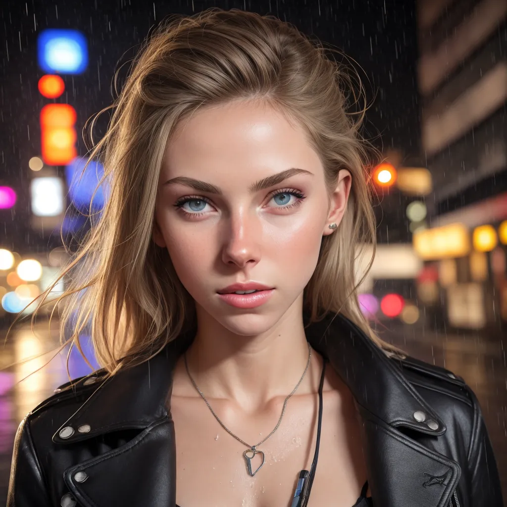 The picture shows a young woman with long blond hair and blue eyes. She is wearing a black leather jacket and a silver necklace with a heart-shaped pendant. She is standing in a rainy street at night. The street lights are reflected in the puddles on the ground. The woman is looking at the camera with a serious expression.