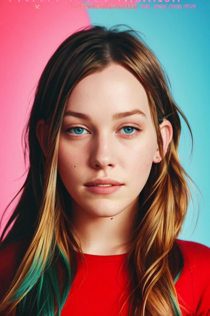 Esta es una imagen de una mujer joven con el cabello largo y ondulado. El cabello es de un color marrón claro con las puntas verde-azuladas. La mujer tiene la piel clara y los ojos azules. Lleva puesta una camisa roja. El fondo es de color rosa y azul. La mujer mira a la cámara con una expresión seria.