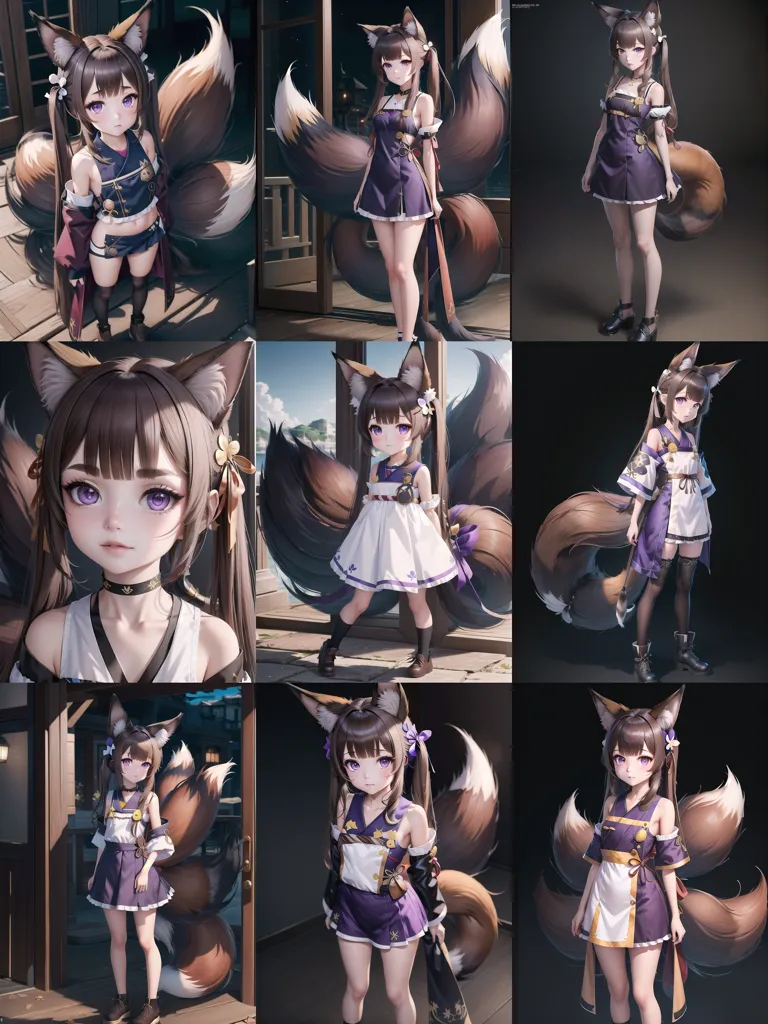 The image shows a young woman with long brown hair and purple eyes. She is wearing a traditional Japanese kimono with a purple obi and has nine fox tails. She is standing in a variety of poses, including sitting, standing, and walking. The background is a blur of light and dark colors.