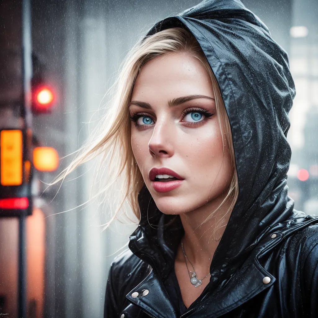 The picture shows a young woman, with an anxious expression on her face, wearing a black leather jacket with a hood. The hood is pulled back to reveal her blonde hair, which is blowing in the wind. The woman's blue eyes are wide open. She is wearing dark makeup. The background of the picture is blurred. There is a street light in the background, which is out of focus. It is raining.