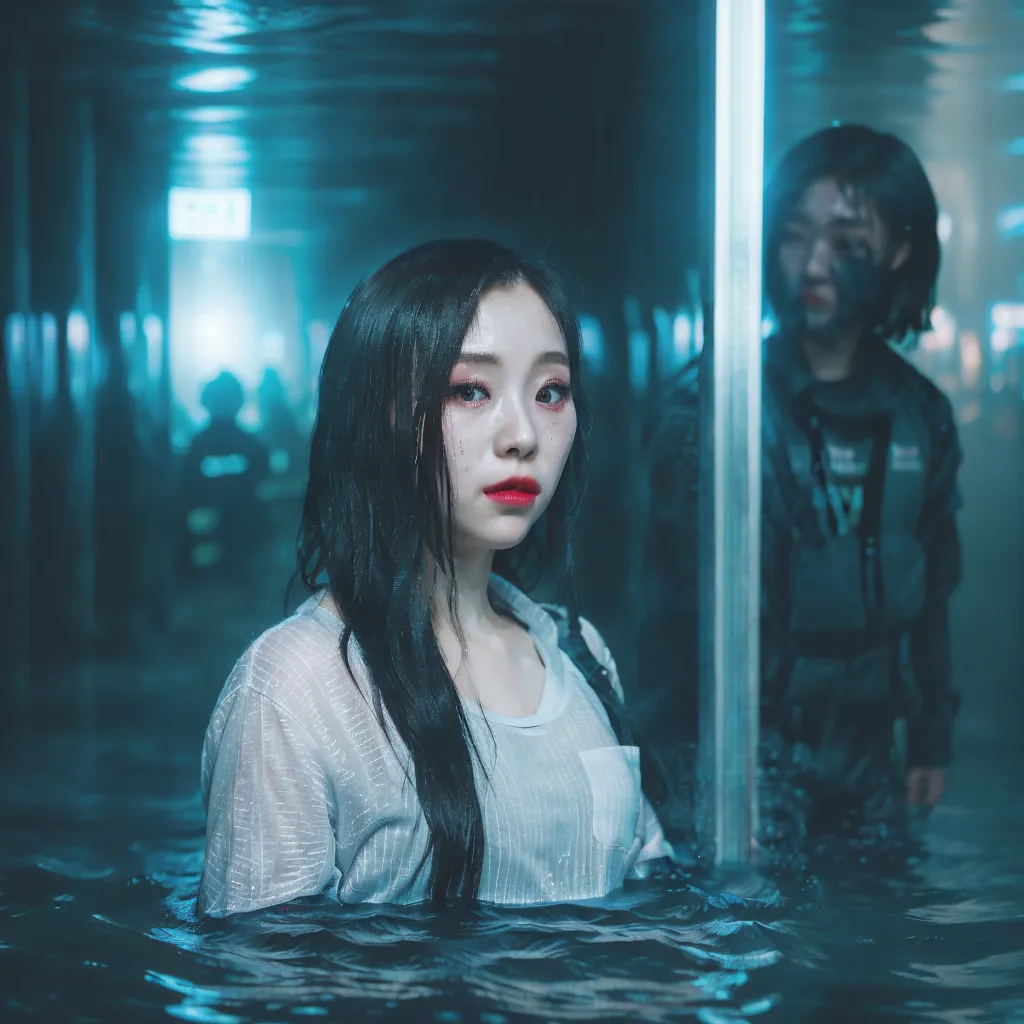 A woman with long black hair is standing in water up to her waist. She is wearing a white shirt that is wet and clinging to her body. Her hair is also wet and dripping. She has red lipstick on her lips and her eyes are open wide. She is looking at the camera with a strange expression on her face. There is a reflection of another person in the background.