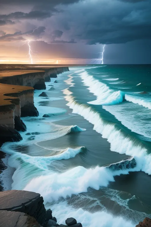 La imagen es un paisaje marino. Muestra un mar tormentoso con grandes olas que se estrellan contra una costa rocosa. El cielo está oscuro y hay dos rayos de relámpago a lo lejos. Las olas son blancas y espumosas, y las rocas son negras y húmedas. La imagen es muy dramática y captura el poder y la belleza del mar.