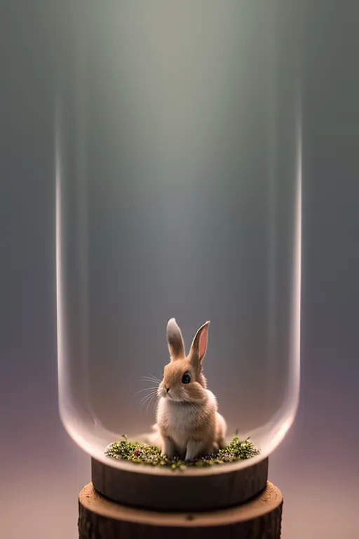 The image is a photo of a brown rabbit in a glass jar. The rabbit is sitting on a bed of green moss. The jar is sitting on a wooden table. The background is a gradient of light gray to dark gray. The image is soft and well-lit.