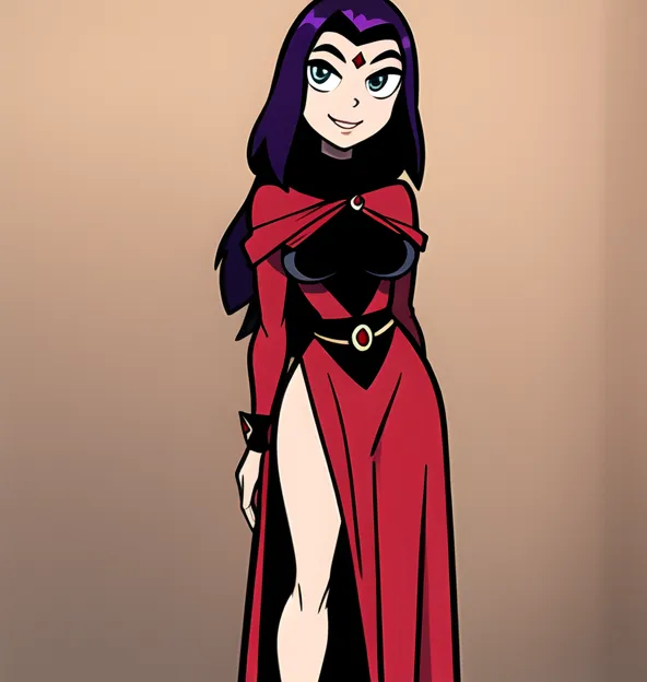 The picture shows a woman with purple hair and red eyes. She is wearing a red dress with a high slit, and a black cape with a red gem on the chest. She is also wearing black gloves and boots. She has a confident expression on her face and is standing with one hand on her hip.