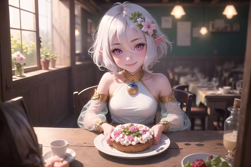 The image shows a beautiful elf girl with white hair and purple eyes. She is wearing a white dress with a blue necklace and has a flower in her hair. She is sitting at a table in a restaurant and is being served a plate of cake. The girl has a happy expression on her face and is looking at the person across from her.