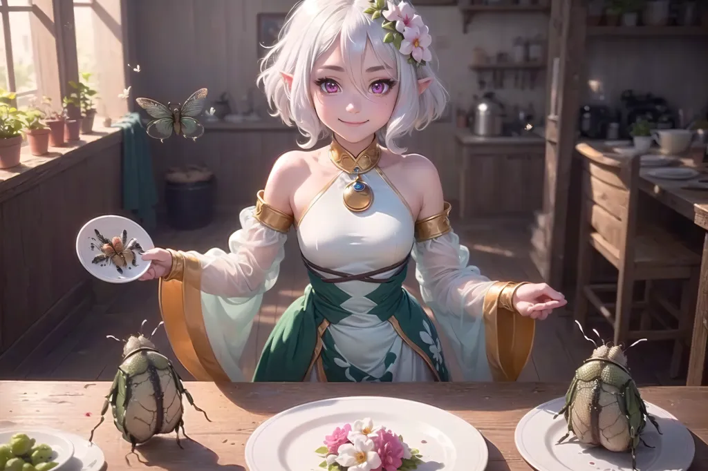 The image shows an anime girl with white hair and purple eyes. She is wearing a white and green dress with a golden belt. She is standing in a kitchen and there are two plates on the table. On one plate there are flowers, on the other - bugs. There are also two bugs on the table. The girl is holding a plate with a bug on it. She has a gentle smile on her face.