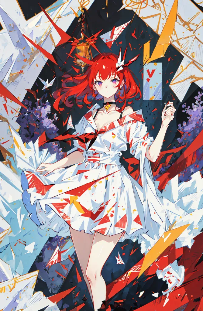 The image is a painting of a young woman with bright red hair and red eyes. She is wearing a white dress with a red sash and has a red necklace around her neck. She is standing in front of a dark background with a large number of white and red geometric shapes. The woman has a serious expression on her face and is looking at the viewer.