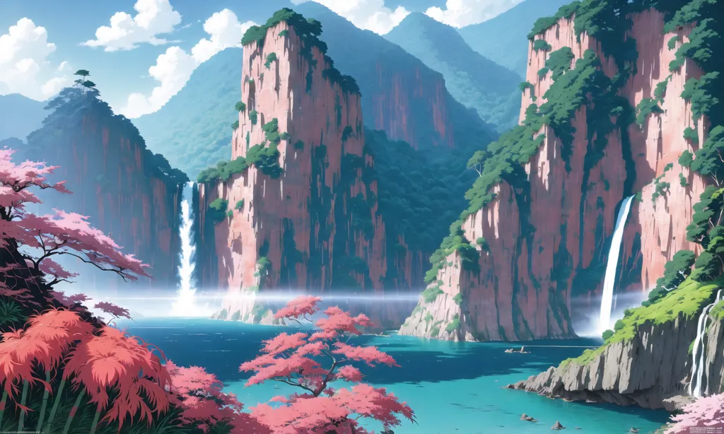 The image is a landscape of a valley with a lake and mountains. The mountains are tall, with sheer cliffs and waterfalls. The lake is a deep blue color, and surrounded by trees. The sky is blue, and there are some clouds. The image is in an anime style, and the colors are vibrant.