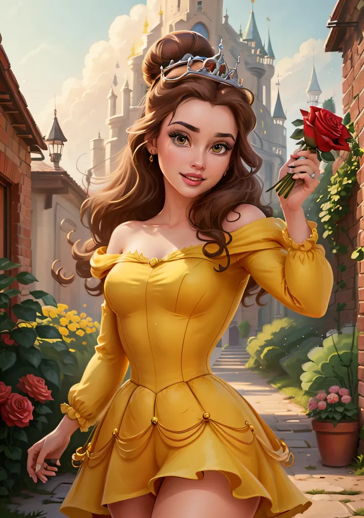 This is an image of a beautiful young woman with long brown hair and brown eyes. She is wearing a yellow dress with a sweetheart neckline and off-the-shoulder sleeves. The dress is trimmed with gold ribbon. She is also wearing a gold tiara and a rose is in her hand. She is standing in a garden with a castle in the background. There are flowers and plants all around her.