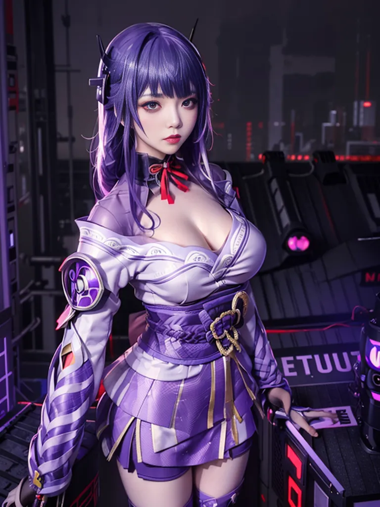 The image is of a young woman with purple hair and purple eyes. She is wearing a purple and white outfit with a large red bow on her chest. She is also wearing a pair of black boots. She is standing in front of a dark background with a lot of machinery.