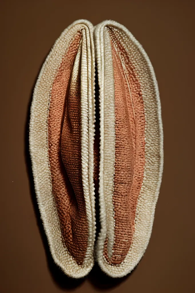 The image is a 3D depiction of a vulva. It is made of light brown and white yarn and is displayed against a dark brown background. The vulva is slightly open, and the clitoris is visible. The image is very realistic and lifelike.