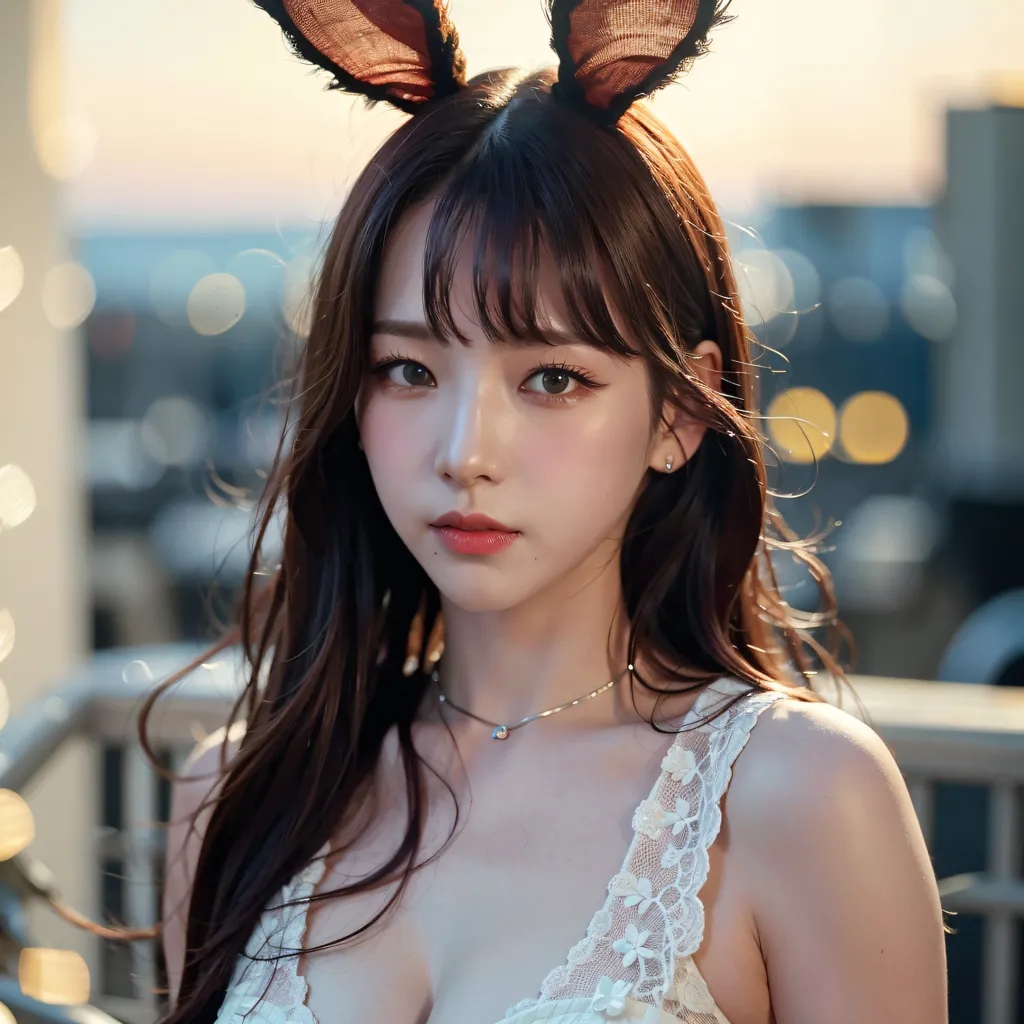 The image shows a young woman with long brown hair and brown eyes. She is wearing a white lace dress with a sweetheart neckline. The dress is trimmed with white lace. She is also wearing a pair of brown bunny ears. The woman is standing in front of a blurred background of city lights.