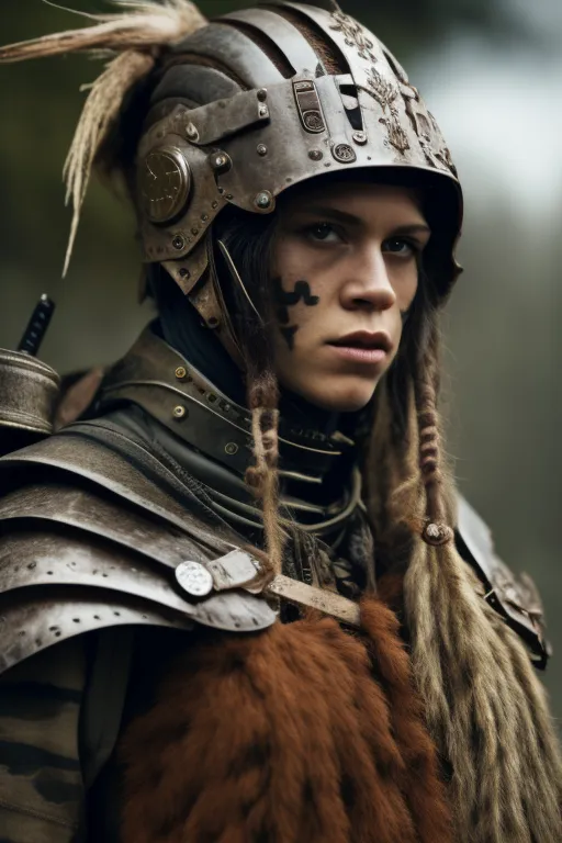 Esta imagem mostra uma jovem mulher vestida com uma armadura pós-apocalíptica. Ela está usando um capacete de metal com um colarinho de pele e ombreiras. O capacete tem uma estética steampunk com rebites e um dispositivo semelhante a um relógio na frente. O rosto da mulher está parcialmente obscurecido pelo capacete, mas seus olhos são visíveis e ela tem uma expressão determinada. Ela também está usando um gibão de couro marrom e tem uma espada presa às costas. O fundo está desfocado e parece ser uma floresta.