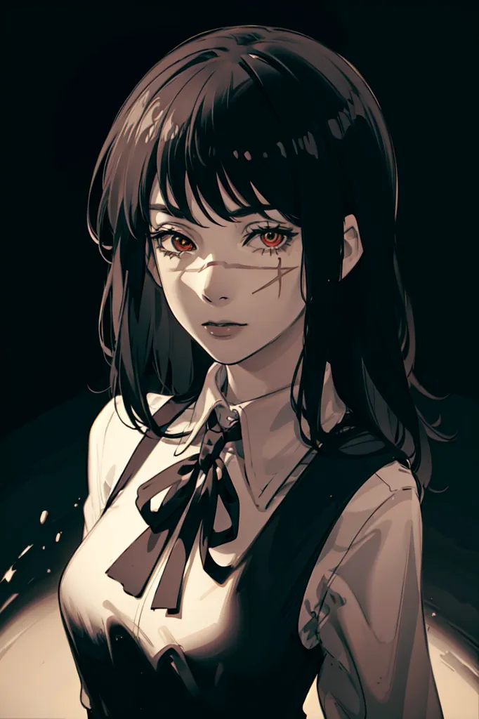 This is an image of a young woman with long black hair and red eyes. She is wearing a white shirt and a black bow tie. There is a scar on her left cheek. She is standing in front of a dark background and looking at the viewer with a serious expression.