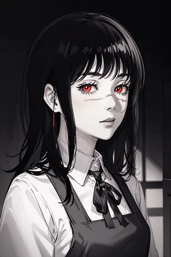 The image is a black-and-white portrait of a young woman with long black hair, red eyes, and a beauty mark on her left cheek. She is wearing a white shirt and a black apron. The image is drawn in a realistic style, and the woman's expression is serious and slightly melancholic. The background is a dark color, which makes the woman's face stand out.