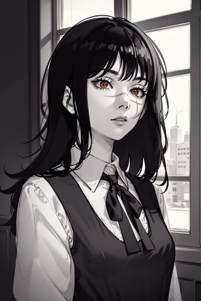 The image is a black and white portrait of a young woman with long black hair and red eyes. She is wearing a white shirt and a black vest. There is a window in the background.