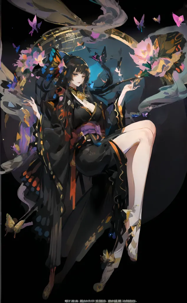 The picture shows a girl with long black hair in a black kimono with orange and purple details. She is sitting on a rock in a dark place. There are many butterflies of various colors flying around her. The girl is smoking a pipe. She has a calm expression on her face.