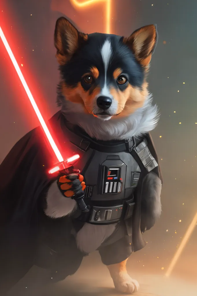 A Pembroke Welsh Corgi wearing a black cape and a Star Wars Darth Vader helmet is holding a red lightsaber. The background is dark with a glowing yellow light on the ground.